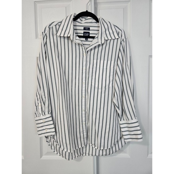 GAP Tops - Gap Big Shirt Womens Medium Petite Green White Striped Org Cotton Button Down